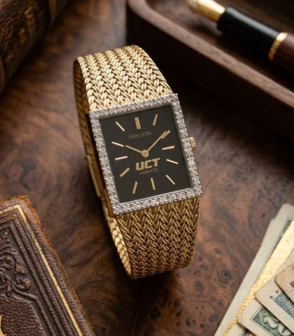 Vintage Gruen Uct Quartz Tank Watch Mens Tone Mesh Band Black Dial